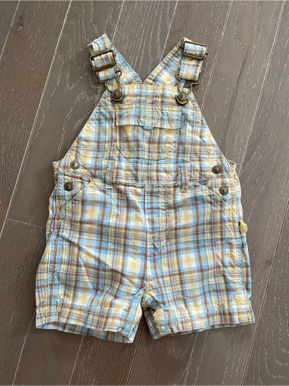 Gymboree 2007 Plaid Short Overalls in Yellow and Blue